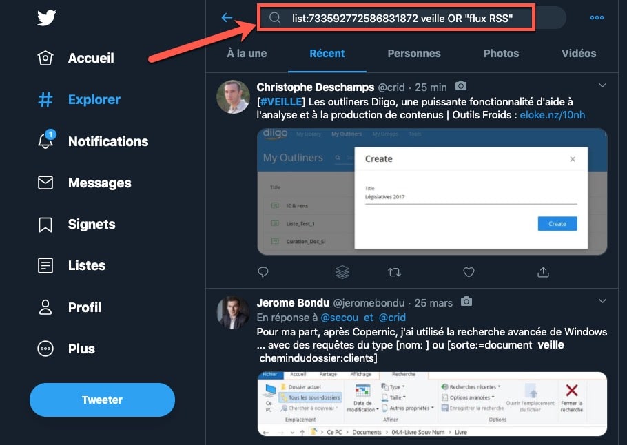 Exemple d'utilisation de l'opérateur list: pour filtrer sa veille sur Twitter