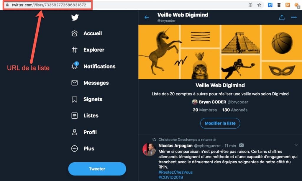 Exemple de l'adresse URL d'une liste Twitter sur la nouvelle interface de Twitter en 2020