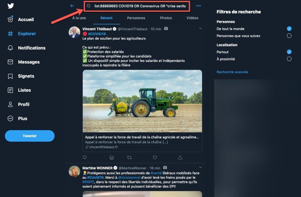 Exemple d'utilisation de l'opérateur list: pour filtrer sa veille sur Twitter : les déclarations de députés