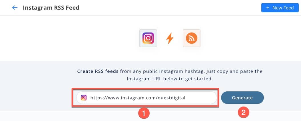 Exemple de création d'un flux RSS sur Instagram pour faire une veille sur un profil