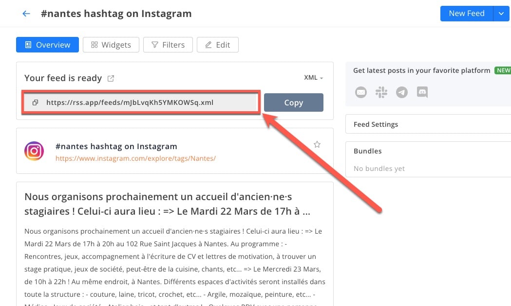Aperçu d'un flux RSS sur Instagram pour faire une veille sur un hashtag