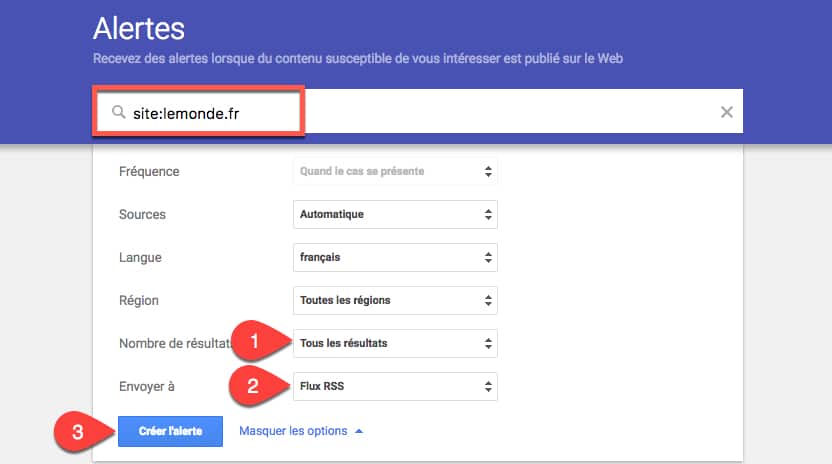 créer le flux rss d'une recherche Google via Google Alertes