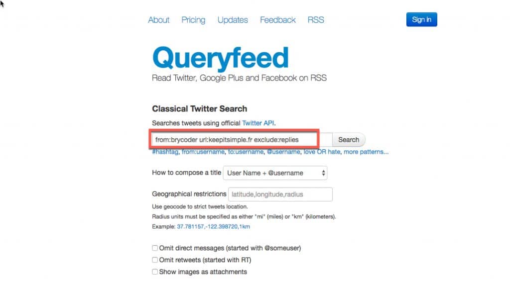 créer le flux rss d'une recherche twitter