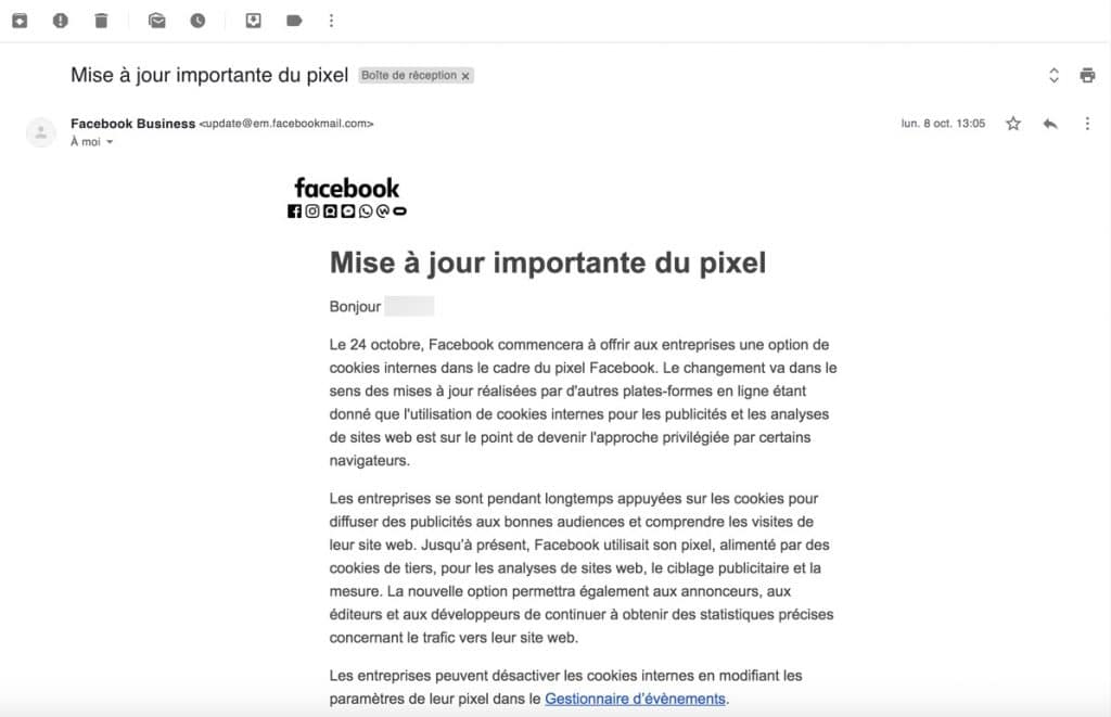 Mail envoyé par Facebook - Mise à jour importante du pixel