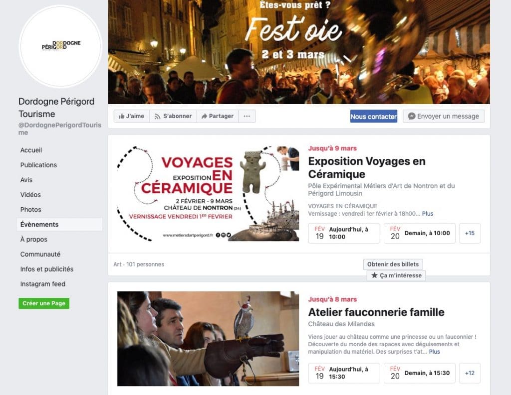 Exemple d'ajouts d'événements sur une page Facebook