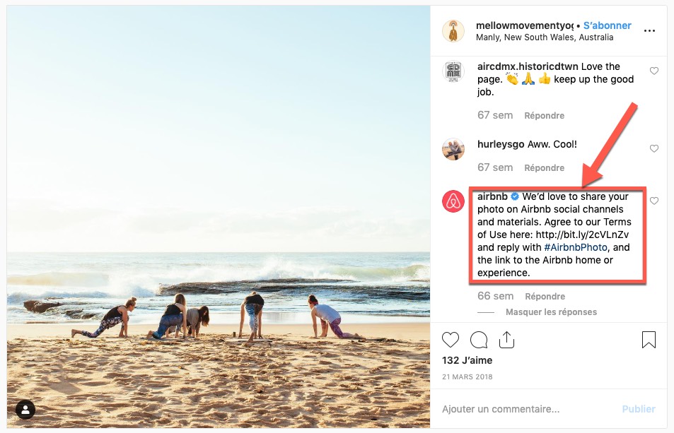 Exemple d'une publication Instagram où le compte Airbnb demande l'accord pour utiliser une photo