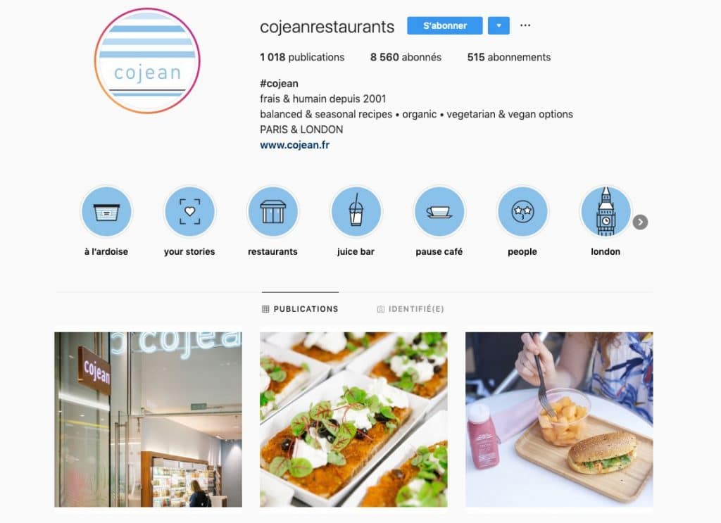 Aperçu du profil Instagram du compte "Cojean restaurants", qui travaille avec des photographes professionnels.