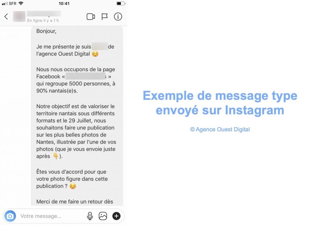 Exemple de message type envoyé sur Instagram par l'agence Ouest Digital pour demander l'accord pour utiliser des photos.