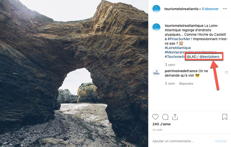 Exemple de publication Instagram du compte "Tourisme Loire-Atlantique", qui crédite le photographe de ses photos.