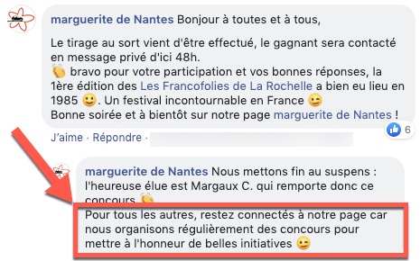 Exemple d'un commentaire de marque déposé pour annoncer le résultat d'un concours Facebook