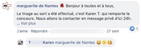 Exemple de commentaire pour annoncer le vainqueur d'un concours Facebook