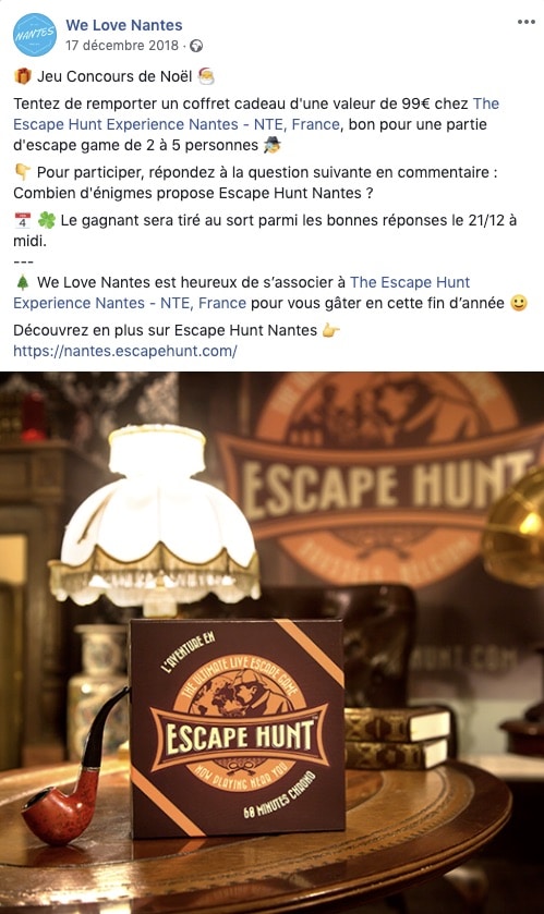 Exemple d'un jeu concours organisé en partenariat sur Facebook