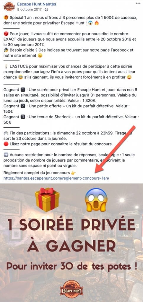 Exemple d'un jeu concours Facebook intégrant un règlement