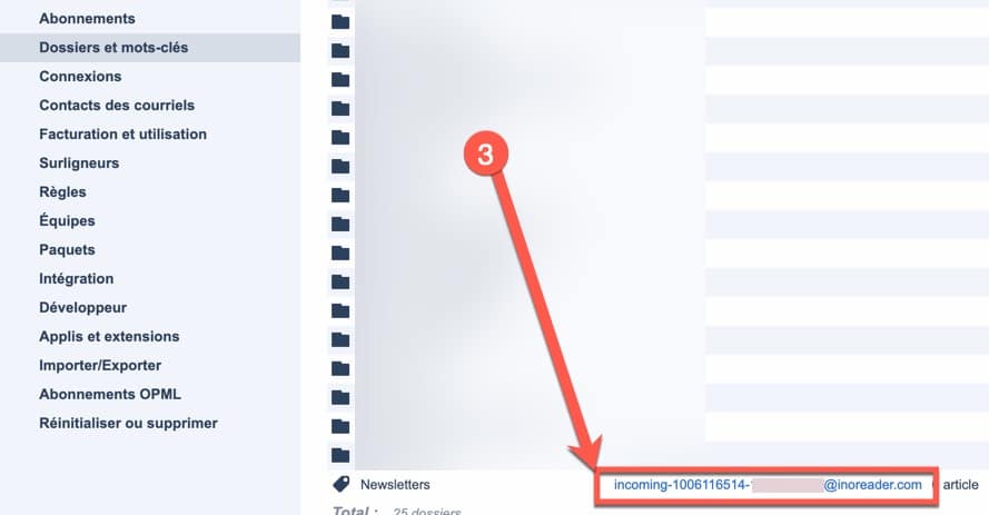 Etape 2 pour recevoir des newsletters ou des emails dans Inoreader via les mots-clés