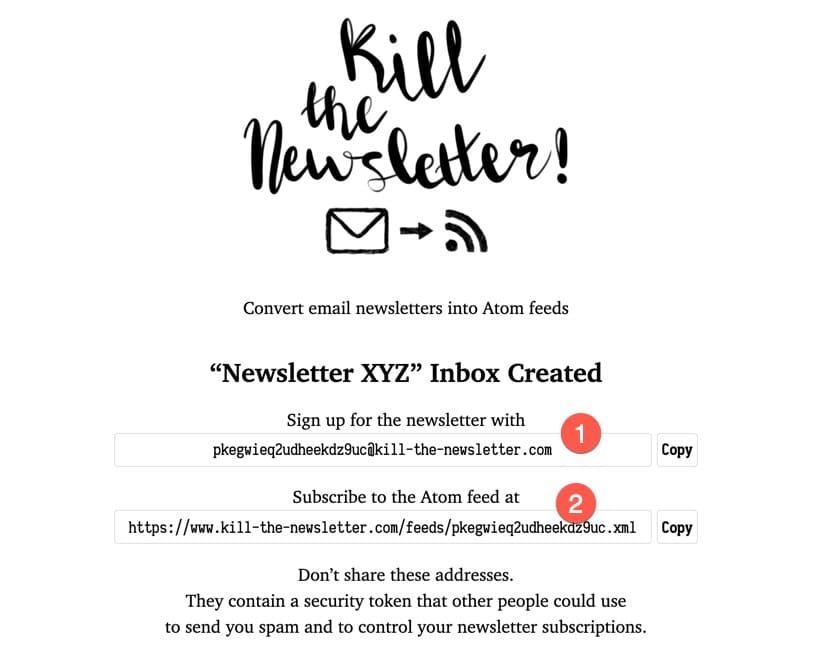 Etape 2 pour utiliser l'outil Kill The Newsletter