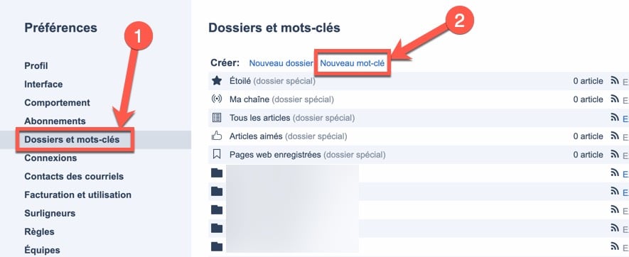 Etape 1 pour recevoir des newsletters ou des emails dans Inoreader via les mots-clés