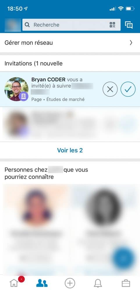 Aperçu sur mobile de l'invitation envoyée pour suivre une page entreprise