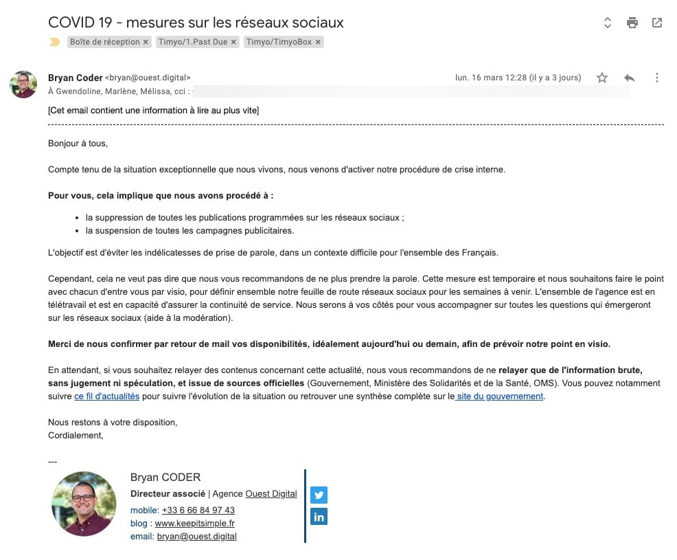 Exemple de mail clients indiquant la mise en place de la procédure de crise - Agence Ouest Digital