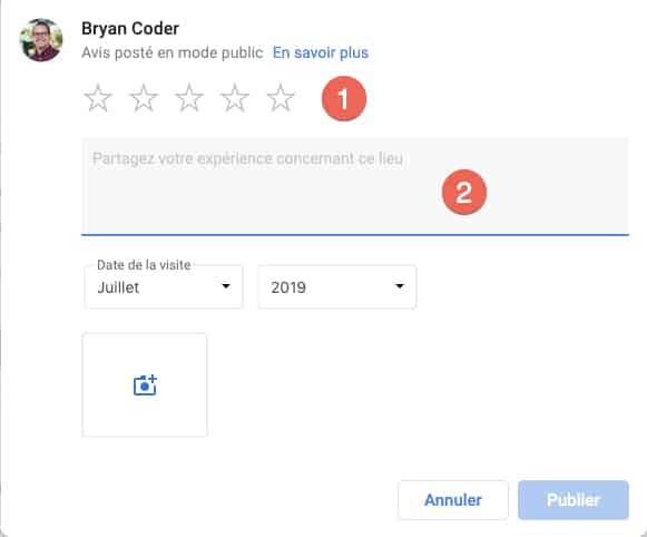 Fenêtre qui s'ouvre lorsque vous vous apprêtez à déposer un avis Google