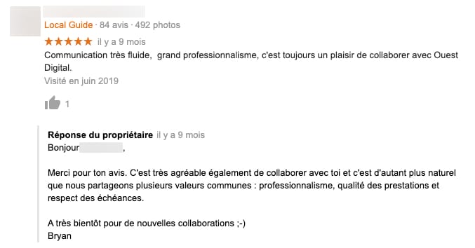 Exemple de personnalisation pour répondre à un avis client