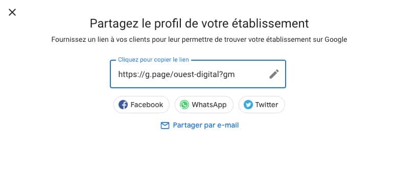 Aperçu d'un lien hypertexte pour partager une fiche Google My Business