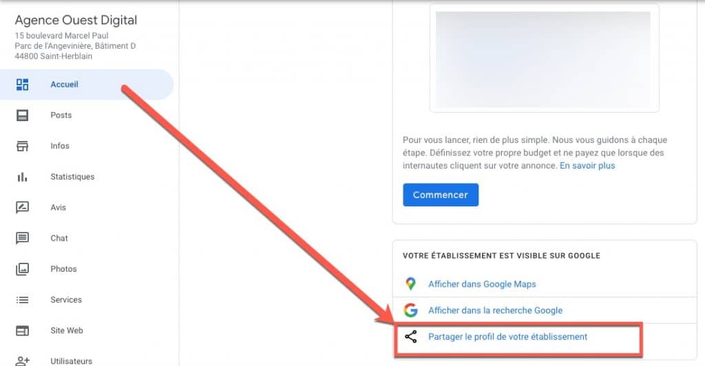 Partager le lien hypertexte d'un établissement Google My Business