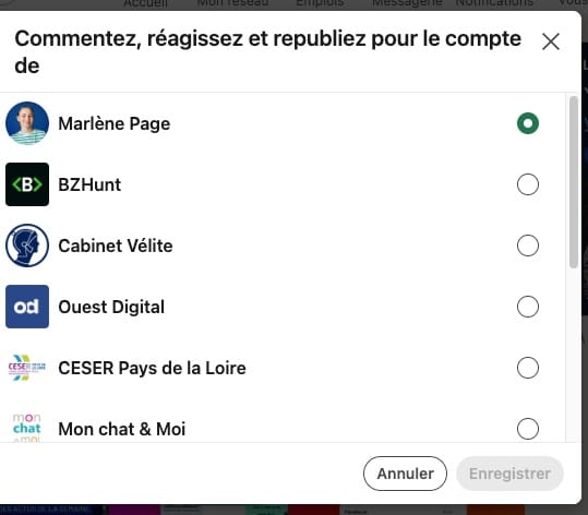 INteragir post Linkedin en tant que page
