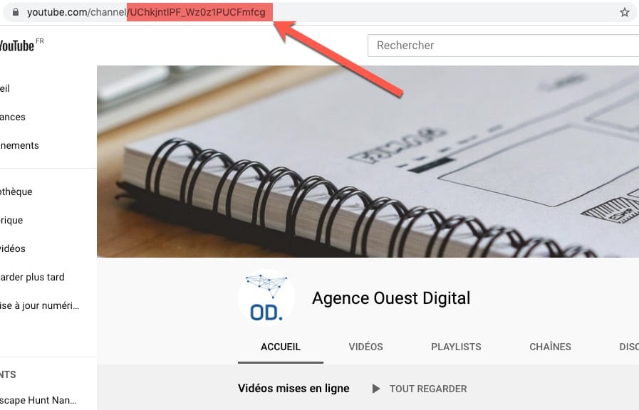 Exemple pour trouver l'identifiant (id) d'une chaîne Youtube