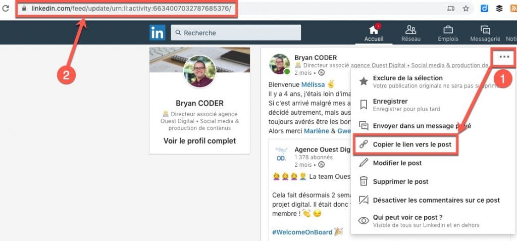 Comment l'URL d'un post sur Linkedin ?