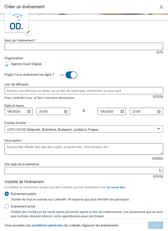 Voici la fenêtre qui s’affiche sur Linkedin lors de la création d’un événement sur Linkedin - exemple Ouest Digital