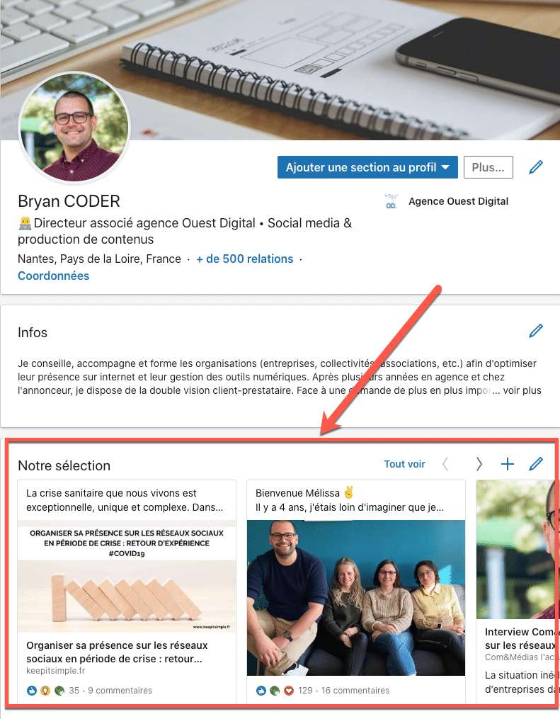 Exemple d'éléments à ajouter à la section "notre sélection" sur un profil Linkedin 