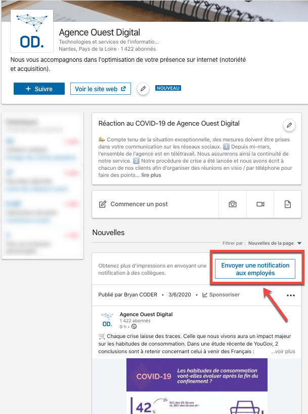 Exemple de la fonctionnalité pour envoyer une notification à vos employés sur une page Linkedin