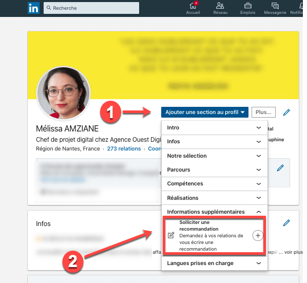 Processus pour demander une recommandation sur un profil Linkedin 