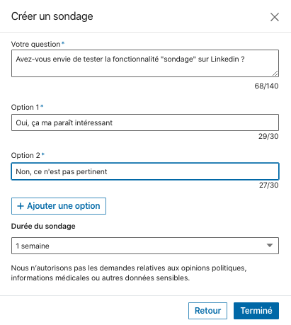 Un exemple de ce qu’il faut remplir pour créer un sondage sur Linkedin - Exemple Ouest Digital