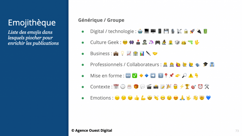 Exemple d'une « emojithèque » réalisé pour un client de l'agence (pour « bibliothèque d'emojis »). Inventé par l'équipe Ouest Digital