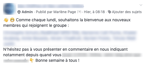 Exemple de message d'accueil hebdomadaire de membres dans un groupe Facebook 