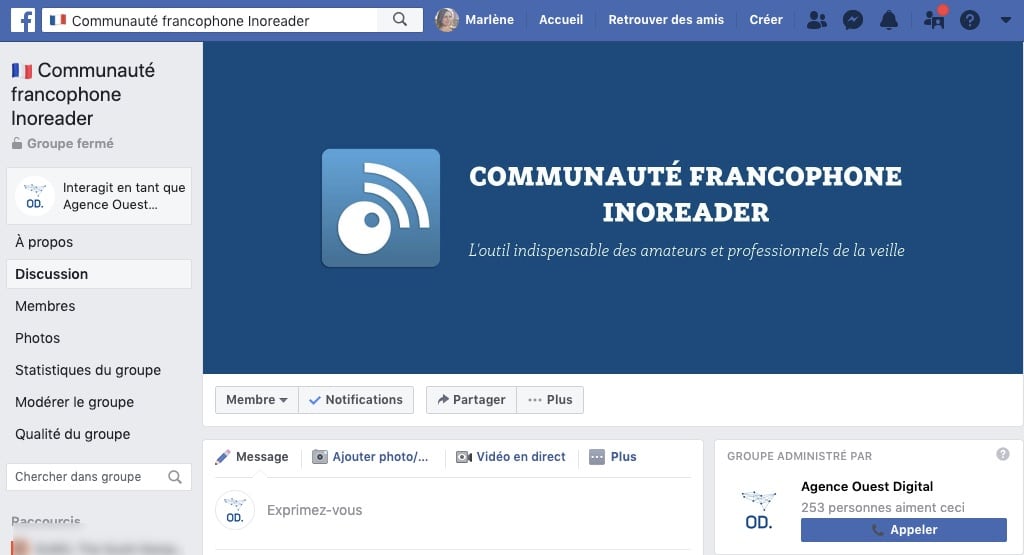 Exemple de groupe Facebook : Inoreader France