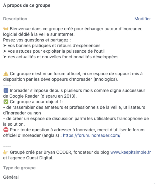 Exemple 1 de description d'un groupe Facebook
