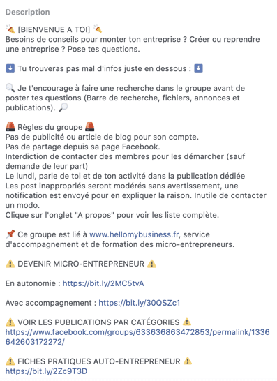 Exemple 2 de description d'un groupe Facebook