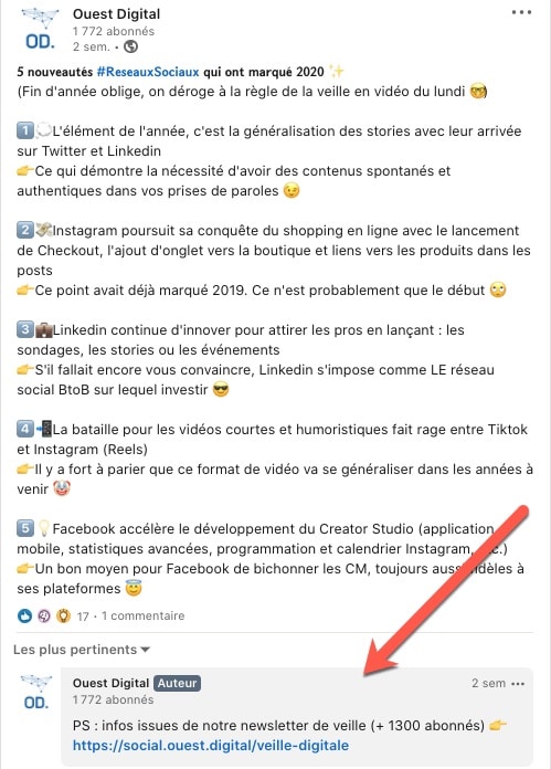 Exemple d'une publication Linkedin avec un lien en commentaire