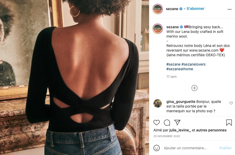 Exemple d'une photo où l'image de marque est très présente, réalisée par la marque Sézane sur Instagram 