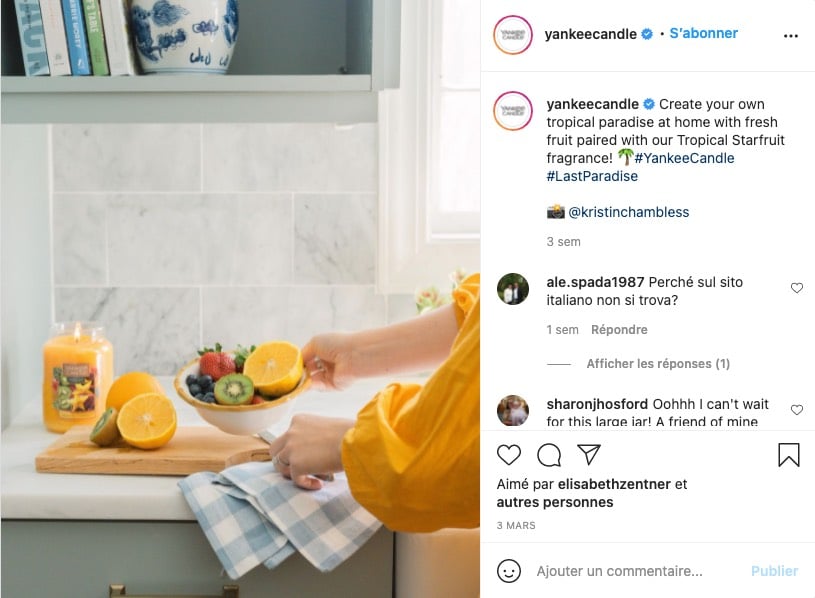 Exemple d'une photo de type lifestyle, réalisée par la marque Yankee Candle sur Instagram 