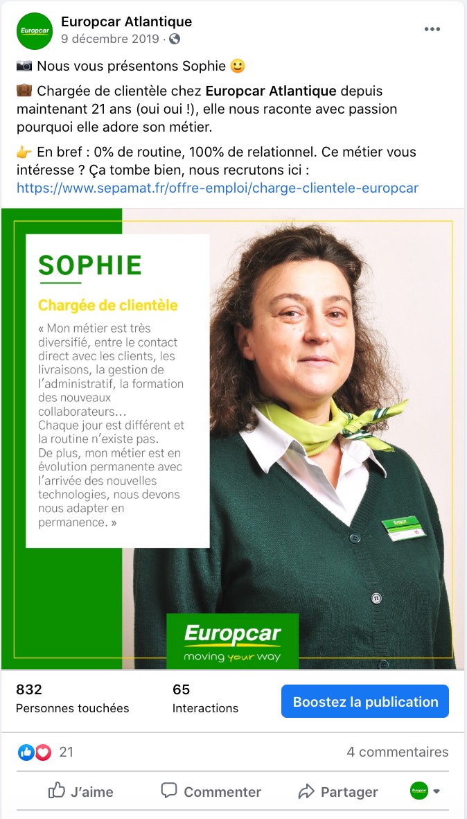 Exemple d'une marque en BtoC qui valorise son équipe sur les réseaux sociaux (Europcar Atlantique)