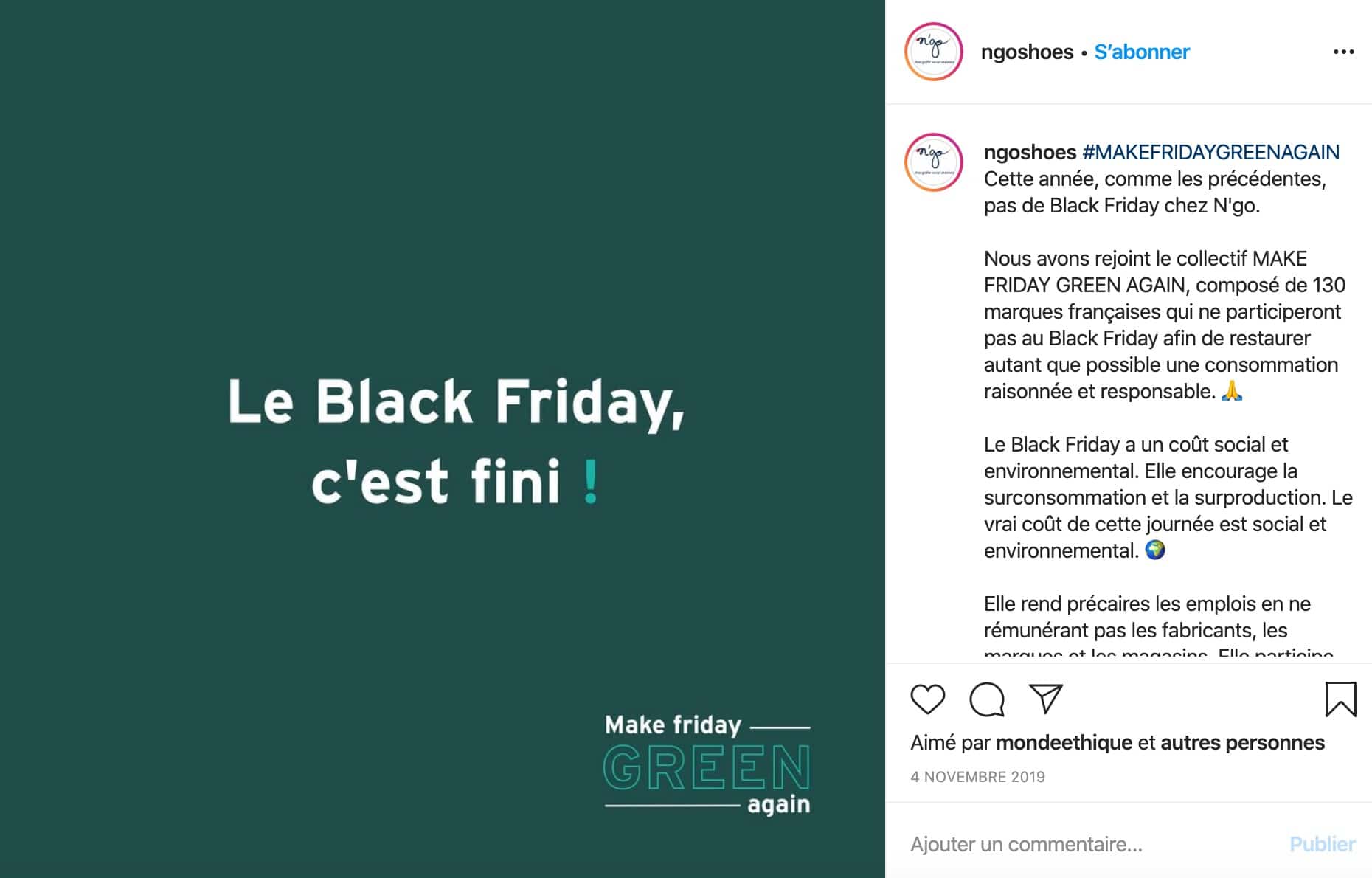 Exemple d'une marque qui affirme ses valeurs sur les réseaux sociaux (N'go Nantes à propos du black friday)