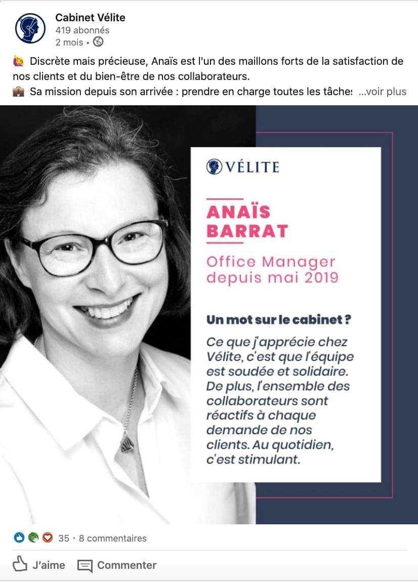 Exemple d'une marque en BtoB qui valorise son équipe sur les réseaux sociaux (Vélite Paris)