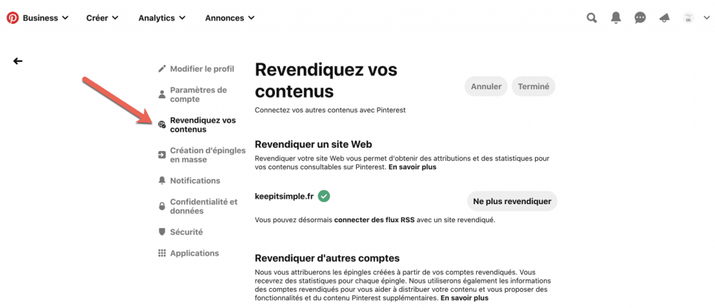 Capture d'écran qui explique comment revendiquer son site web sur Pinterest