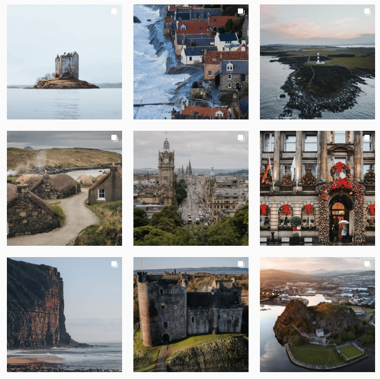 Exemple de feed Instagram dans le secteur du tourisme : Hidden Scotland