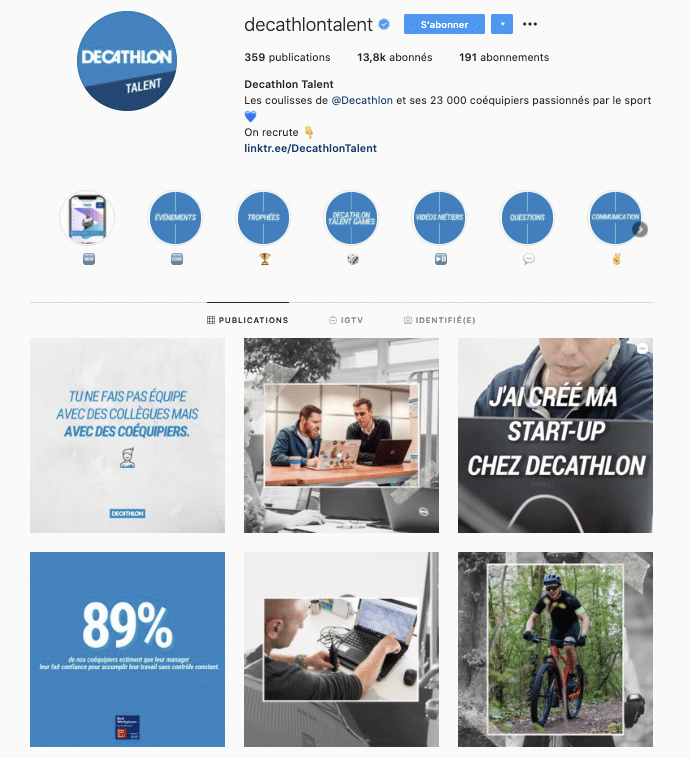 Exemple de feed Marque Employeur sur Instagram : Decathlon Talent