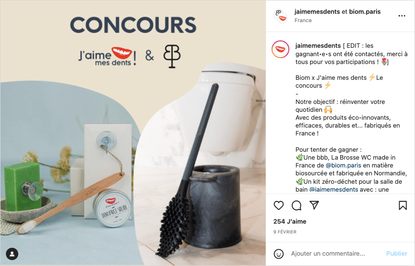 Exemple de publication d'une marque engagée sur les réseaux sociaux ("J'aime mes dents") - format "concours"