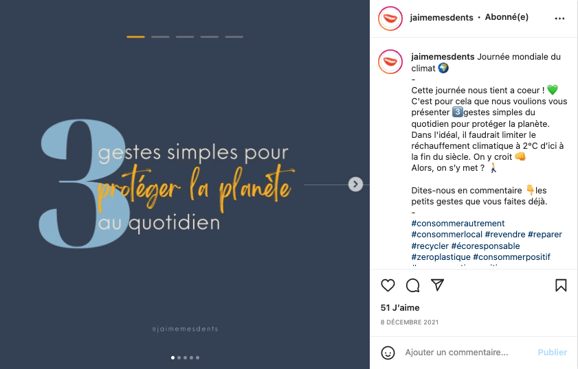 Exemple de publication d'une marque engagée sur les réseaux sociaux ("J'aime mes dents") - format "conseil"